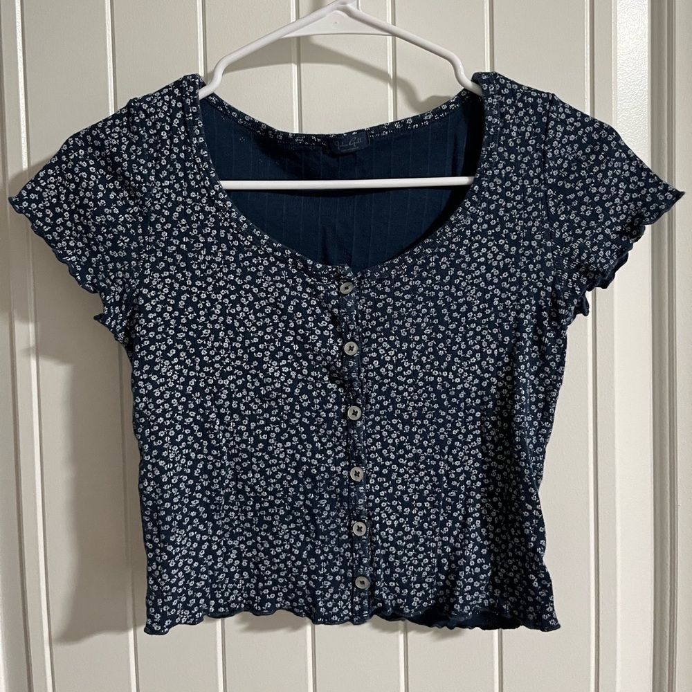 John Galt/Brandy Melville button down top navy blue with flowers